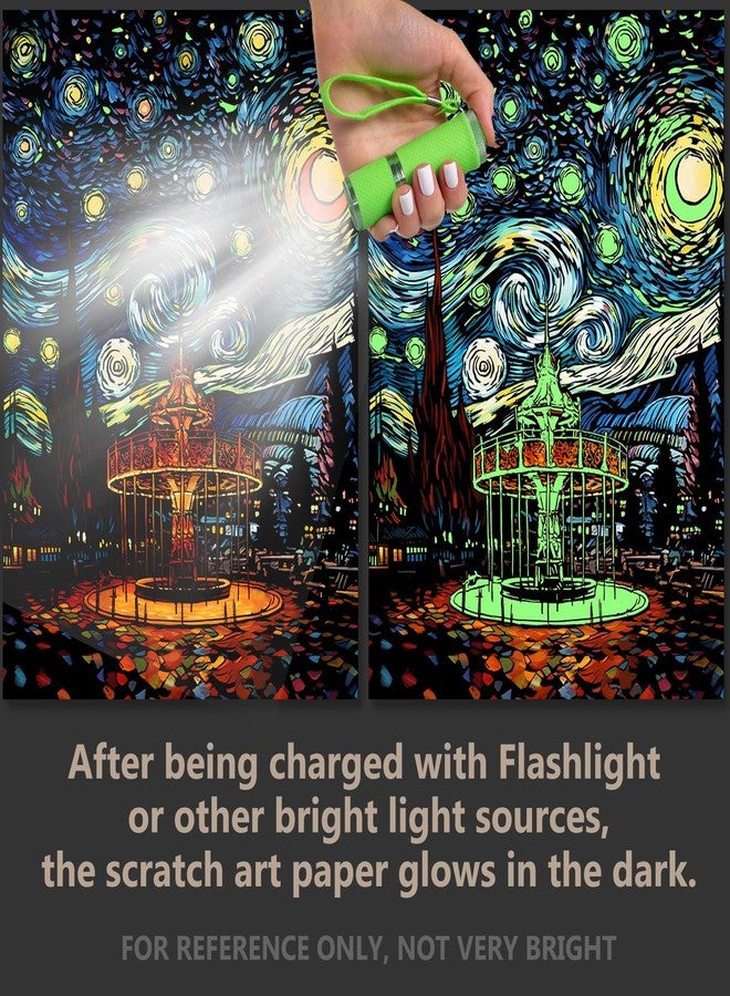 AP ARTSPER 2 Pack Night Glow Scratch Art Rainbow Painting Paper, Magic Glow-in-the-Dark Scraping, Van Gogh Style Creative Craft Set, Fun DIY Toy Sketch Card Scratchboard for Kids, Adults (Amusement Park/Castle) - Image 2